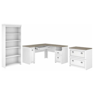 Fairview L Desk with File Cabinet and Bookcase in White/Gray - Engineered Wood
