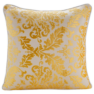 Mimosa Yellow Damask, Yellow 14"x14" Burnout Velvet Pillow Covers