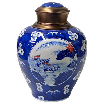 Oriental Blue White Flower Birds Porcelain Metal Lid Container Urn Hws3182