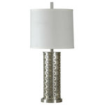 StyleCraft Home Collection - Brushed Steel Transitional Lamp with Night Light Fabric Shade - Accent your decor with this lovely Table Lamp.