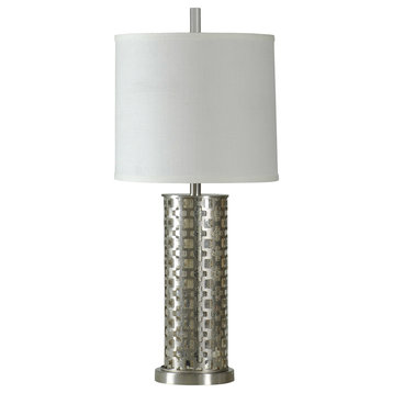 Brushed Steel Transitional Lamp with Night Light Fabric Shade