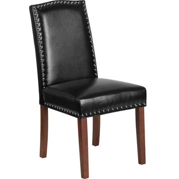 Modern Black Leather Parsons Chair With Silver Nail Heads