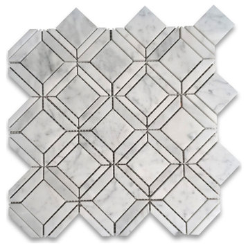 Carrara White Marble Square Ventura Carlyle Geometry Mosaic Tile Honed, 1 sheet