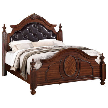 Benzara BM168584 Wooden Queen Bed With Floral Design, Cherry Finish