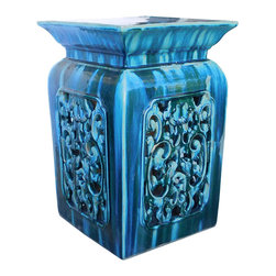Chinese Ceramic Square Turquoise Blue RuYi Garden Stand Table cs2059 - Garden Statues And Yard Art