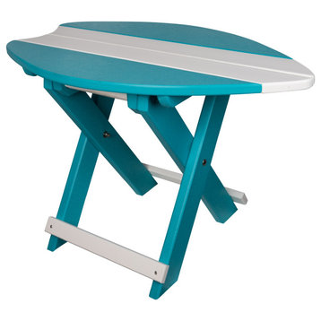 Folding Surfboard Accent Table, Portable Nautical Board, Aruba Blue and White
