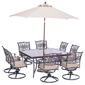 Traditions 9-Piece Square Dining Set, 8 Swivel Chairs, Table, Umbrella and Base