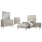 Modon - Ramon 4-piece Twin Panel Bedroom Set Metallic Sterling - Ramon 4-piece Twin Panel Bedroom Set Metallic Sterling Update your bedroom to a glamourous modern space with a bedroom set from the Ramon collection. Mid-century modern lines get an unexpected dose of luxe style with metallic and mirrored finishes in this distinctive modern glam bedroom set. Beveled mirrored surfaces peek from behind textured metallic silver panels for a Hollywood look. Felt-lined top drawers protect your jewelry and keepsakes. Choose from a full range of bed sizes and furniture pairings to create the perfect modern glam bedroom. Round tapered wooden legs and wide metal hardware speak to the mid-century modern elements of this collection Metallic silver finish and mirrored acrylic horizontal reveals, combines with beveled picture frame design for a specific look Mid century modern meets city glam to create this fun sparkling eye candy Product Includes: Twin Bed Nightstand Dresser Dresser Mirror