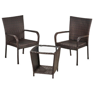 3 Pieces Patio Set, 2 Wicker Armchair & Glass Side Table With Lower Shelf, Brown
