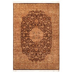 Bareens Designer Rugs - Kashan Pak Persian Hildegar Brown/Tan Wool Rug - 6'2'' x 9'4'' - Designed with mesmerizing intricacy and gorgeous color palette, this hand-knotted masterpiece demonstrates the beauty and electrifying thrill of Pak Persian art. These meticulously hand-knotted Pak-Persian rug is made with pure wool and features breathtaking traditional, transitional, and tribal designs in bold luxurious color pallets. Known for their intricate designs these rugs are a reproduction of Persian rugs, made in Pakistan with unique Mughal designs. Made by master weavers using the same Persian texture, design and dying technique, we wanted to produce the most significant manifestation of Persian art, life, and culture. This rug is most famous for its exceptional quality, incredible designs, patterns, and vibrant rich color. Pak-Persian rugs made with Persian weave with high knot counts, which enables the high intricacy and detail found in the patterns are also referred to as "State of art", each color adds a rich beautiful detail in the artwork of this rug. The design, color, and beautiful chromatic composition with a vibrant sheen with intricate designs, exude beauty, elegance, and quality make this rug a masterpiece of its own.