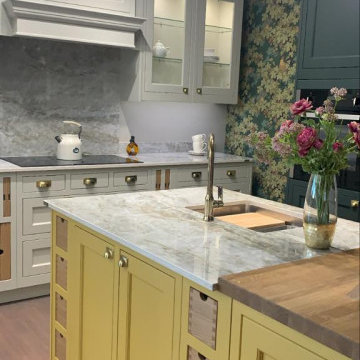 Belgravia painted Mussel, Deep Forest kitchen & Yellow