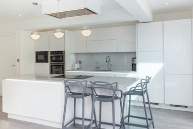 This is an example of a medium sized modern single-wall kitchen/diner in London with an island and white cabinets.