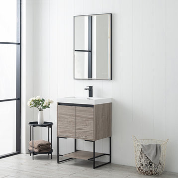 Freestanding Bathroom Vanity Set with Open Shelf & Acrylic Sink, Teak, 24"