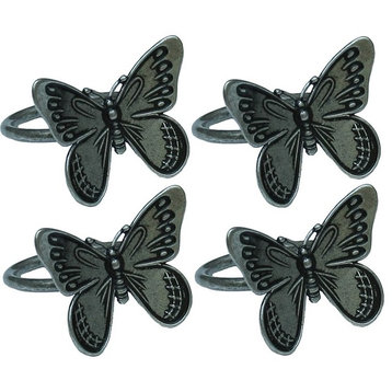 Flutter Spring Butterfly Brass Metal Napkin Rings, Pewter, Set of 4
