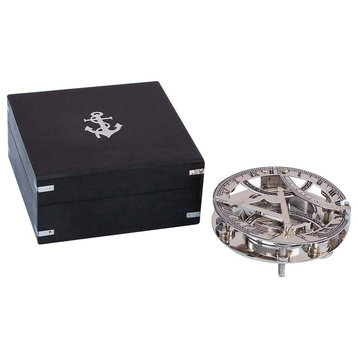 Round Sundial Compass With Black Rosewood Box, Chrome, 6"