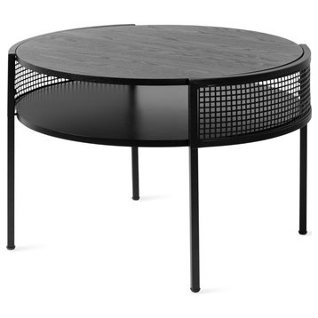 Modern Coffee Table, Round Design With Open Middle Shelf & Woven Sides, Black