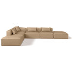 Meridian Furniture - Cube Upholstered Modular Sectional, Tan, 6-Piece: 3 Armless Chair, 1 Corner Chair, 2 Ottoman, Vegan Leather - Elevate your space with the luxurious Cube Vegan Leather Modular Sectional. This modular sectional exudes modern elegance, charm, and comfort making it a perfect addition to any contemporary living space. Its clean lines and cube shape are reminiscent of minimalist design, while the plush tan vegan leather upholstery adds a touch of luxury and sophistication. The chair's versatile construction and geometric aesthetic seamlessly integrate into various design styles, from sleek living rooms to chic home offices, embodying the essence of modern design and creating a sense of order and tranquility in your space.