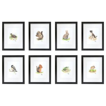 "Woodland Tinies" Set of Eight Framed Prints With Mat, Black, 16x20