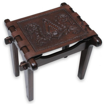 Colonial Elegance Mohena Wood and Leather Stool