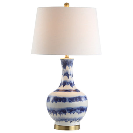 Tucker 30.5" Striped Ceramic and Metal LED Table Lamp, Blue, White