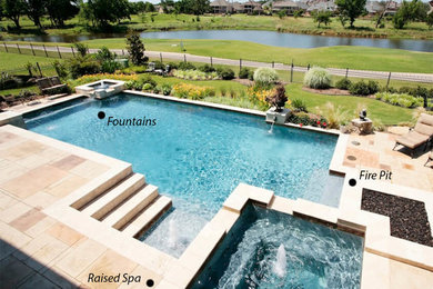 Mid-sized trendy backyard stamped concrete and custom-shaped natural hot tub photo in Houston