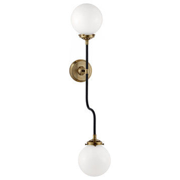 Bathroom Wall Sconce, 2-Light Hand-Rubbed Antique Brass, White Glass, 32"H