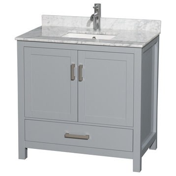 36" Single Vanity,Gray, White Carrara Marble Top, Undermount Square Sink