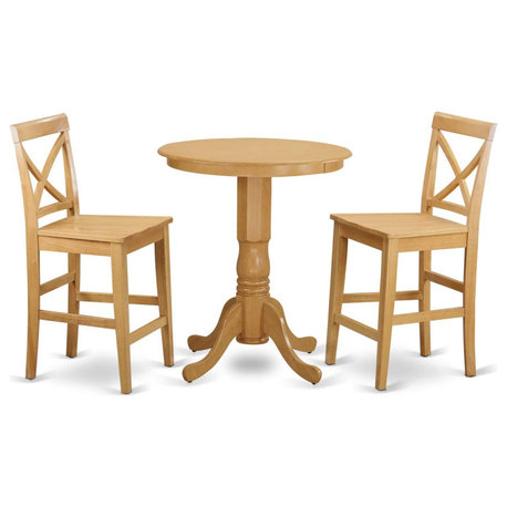 Compact Warm Oak 3 Piece Counter Height Set with X Back Wood Stools