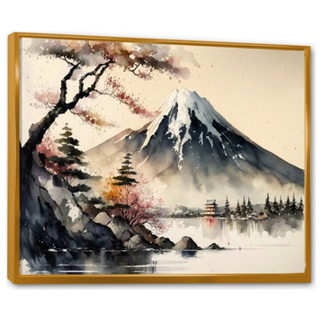 Japanese Landscape In Watercolor II Framed Canvas, 32x24, Gold