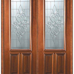Pre-hung Double Door 96 Mahogany Courtlandt 2 Panel 2/3 Lite Glass - Front Doors