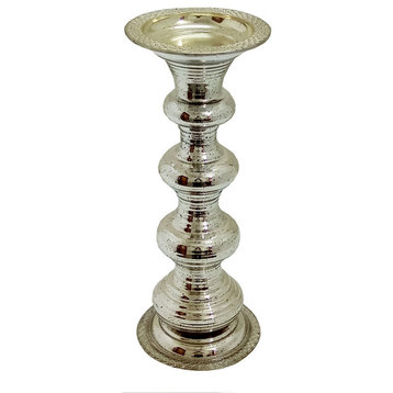 Antiqued Silver Glass Pillar Candle Holder D6x15"