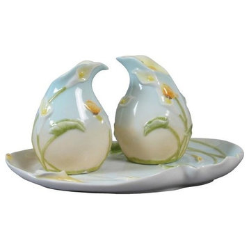 Calla Lily Salt and Pepper Set On Tray, Home Accent, Fine Porcelain