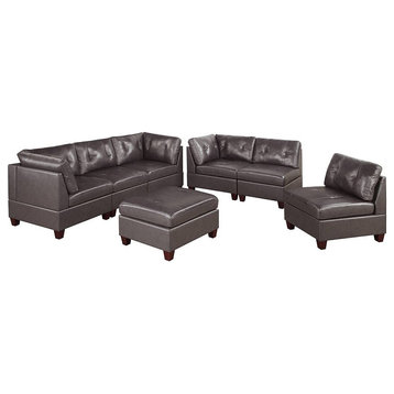 Altea 7 Piece Top Grain Leather Modular Sofa Set With Ottoman, Dark Coffee