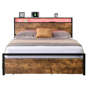 Modern Platform Bed, Brown Headboard With LED Lights & Charging Station, Queen