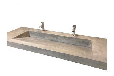 Imagen de cuarto de baño principal, único y flotante minimalista grande con encimera de cemento y encimeras grises