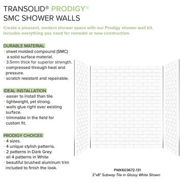 Transolid PWK603672-131 Prodigy 60"x36"x72" Shower Wall Kit, White Subway