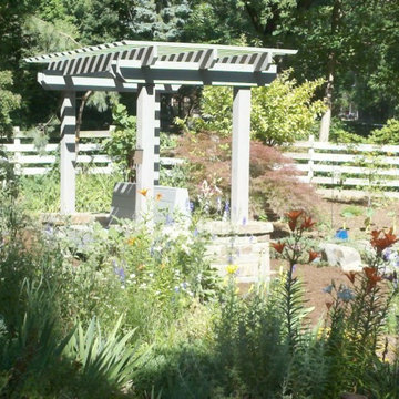 Two Sided Bench/ Pergola with Mortared Stone Work