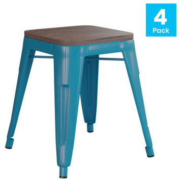 Kai Commercial Grade 18" Barstool with Wooden Seat, Stackable, Set of 4, Teal