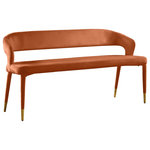Meridian Furniture - Destiny Upholstered Bench, Cognac, Velvet - Enjoy extra seating space in your home with this Destiny cognac velvet bench. Its soft, cognac velvet upholstery offers coziness while sitting, ensuring you and your guests are always comfortable. A rounded, open back provides additional comfort as well as style. Gold tipped upholstered legs give this bench an extra touch of style that complements any contemporary living space. Its long length guarantees that you'll always have extra space to seat family and friends who visit.