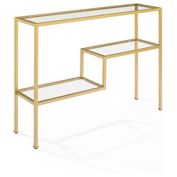 Modern Console Table, Geometric Design With Glass Top & Shelves, Gold