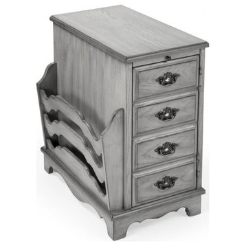 Traditional End Table, Magazine Rack & 4 Drawers With Unique Pull Handles, Gray