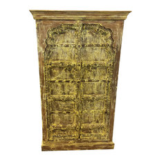 Mogul Interior - Consigned Antique Cabinet, Yellow Rustic Armoire, Mehrab Teak Doors Furniture - Armoires and Wardrobes