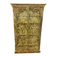 Mogul Interior - Consigned Antique Cabinet, Yellow Rustic Armoire, Mehrab Teak Doors Furniture - Armoires And Wardrobes