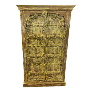 Mogul Interior - Consigned Antique Cabinet, Yellow Rustic Armoire, Mehrab Teak Doors Furniture - Armoires And Wardrobes