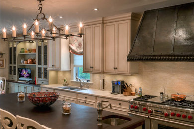 Ornate kitchen photo in Chicago with an undermount sink, beaded inset cabinets, stainless steel appliances and an island