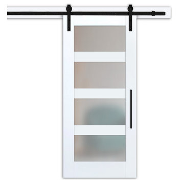 4 Lite Sliding Barn Door with Frosted, Clear, or Textured Glass Insert, 38"x84", Unfinished (Primed)