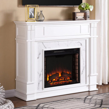 Elegant TV Stand, Hidden Storage & Fireplace With Faux Marble Surrounding, White