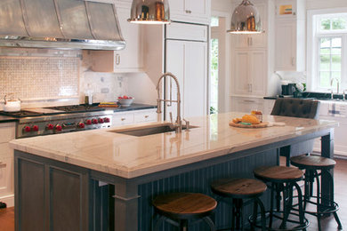 Large elegant u-shaped dark wood floor kitchen pantry photo in Other with shaker cabinets, gray cabinets, quartzite countertops and an island
