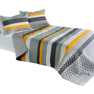 Modern Life Cotton 3PC Vermicelli-Quilted Striped Quilt Set (Full/Queen Size)