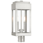 Livex Lighting - Brushed Nickel Transtional,  Modern Classic, Outdoor Post Top Lantern - The simple rectangular shape of the York collection is an updated classic transitional line that will complement most home exteriors. The hand crafted solid brass construction is finished in brushed nickel. The clear glass exposes the candles seen from all angles showing off the beautiful glow effect.  Greet your visitors with this medium two-light post top lantern providing your home with a stunning and welcoming air.